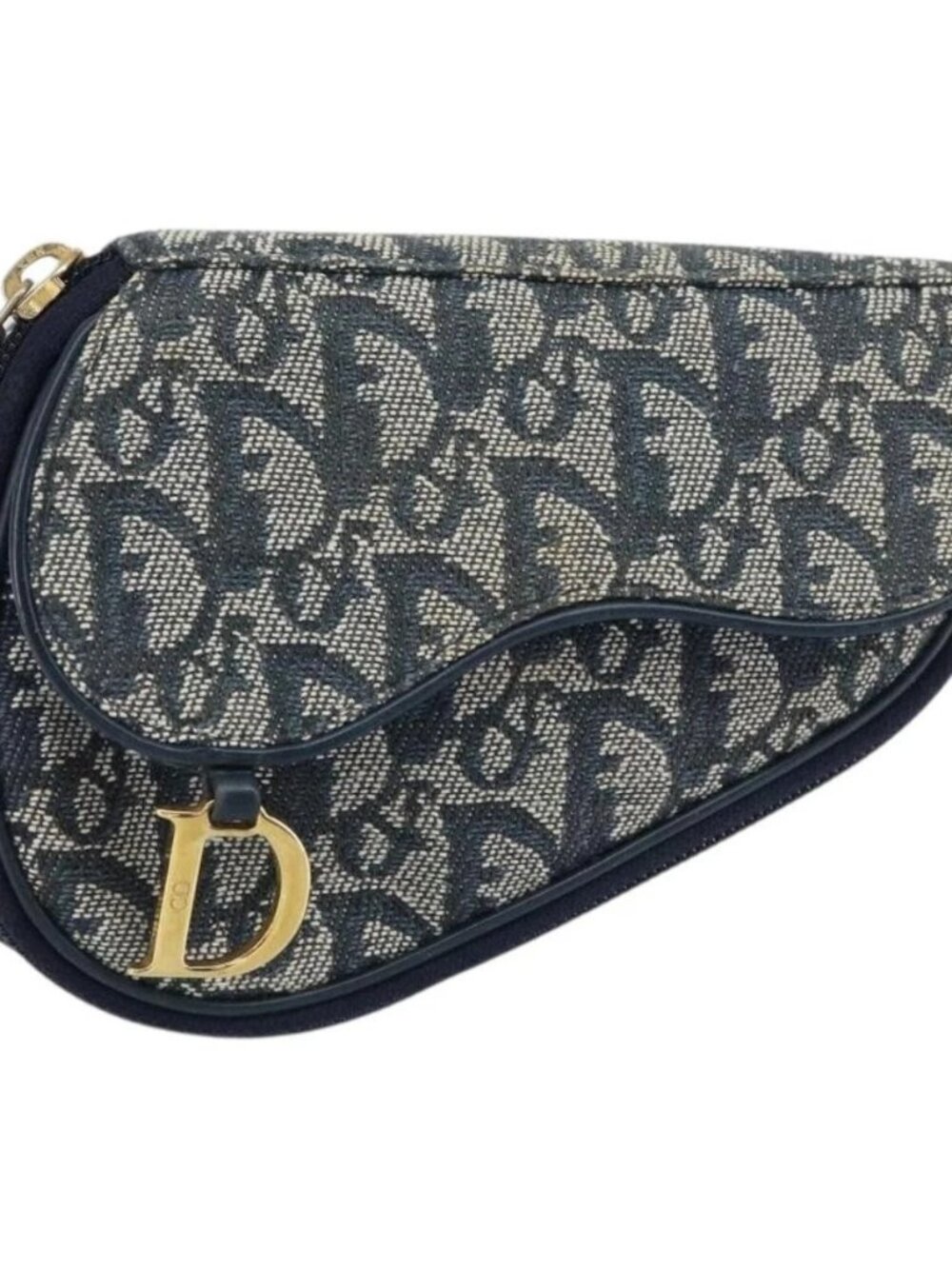 Christian Dior Trotter Canvas Saddle Pouch Navy Gold Auth 160847